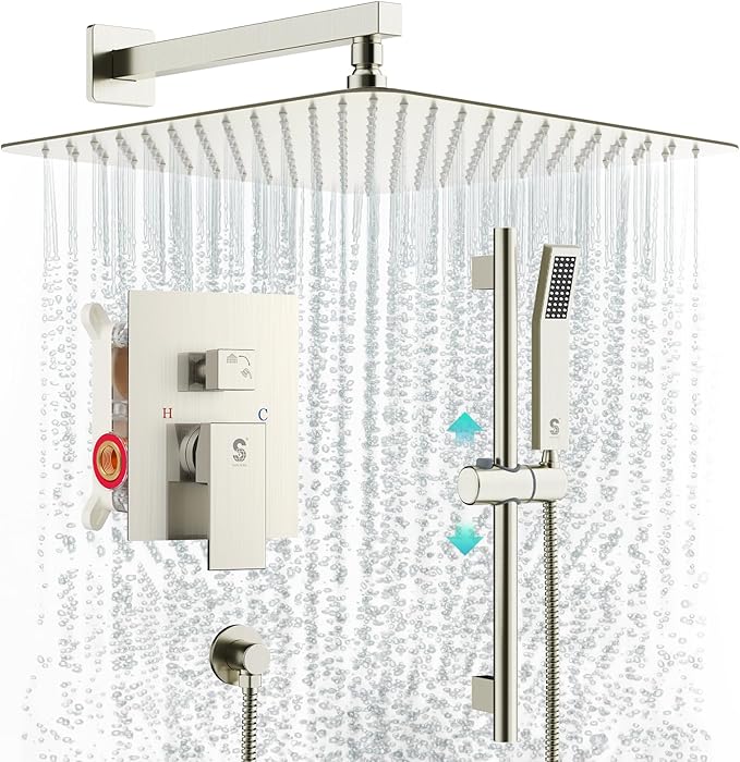 SR SUN RISE 12 Inch Square Shower System, Rain Shower Head and Slide Bar Handheld Shower Faucet Wall Mounted Combo Set Included Valve and Trim Kit for Bathroom, Brushed Nickel