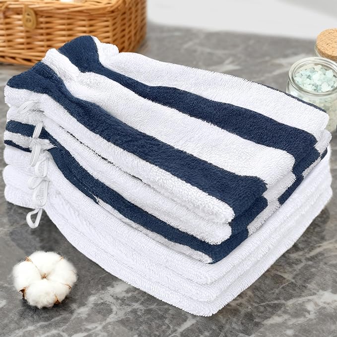 VOOVA & MOVAS Bath Mitts for Shower, 6-Pack, 8.3x6.3 Inch, 100% Cotton Soft Absorbent Wash Cloths with Hanging Loop, European Style Body & Bath Wash Mitts, Pink Stripe & White