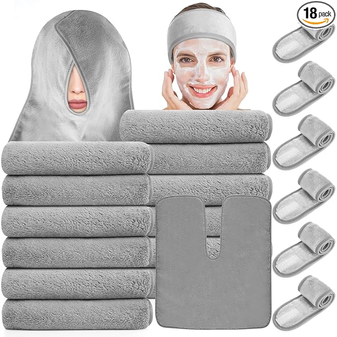 18PCS U-Shaped Microfiber Facial Towels for Estheticians,Ultra-Soft & Absorbent Spa Towels and Facial Spa Headband for Massage, Facial Steam & Skincare (Gray)