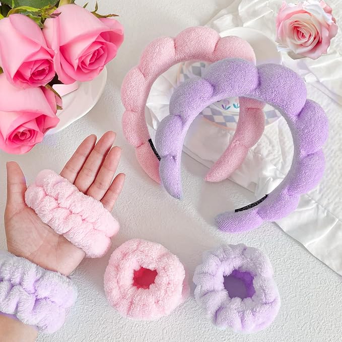 Beleki Spa Headband for Washing and Wristband Set Sponge Headband Women Face Wash Makeup Skincare Non Slip Puffy Headwear Thick Hair Accessories for Women Girls, Purple