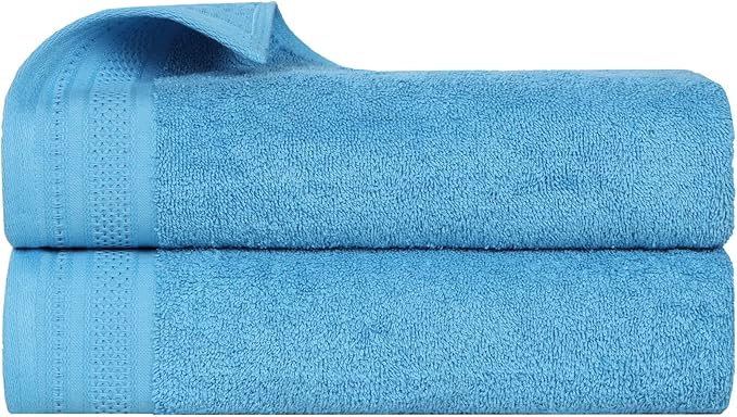 Superior Honeycomb Cotton Medium Weight Towels, for Bathroom, Shower, Spa, Pool, Quick Dry, Adults, Home Essentials, Textured Waffle Border, Oversized Large Towels, Bath Sheets, Set of 2, Azure