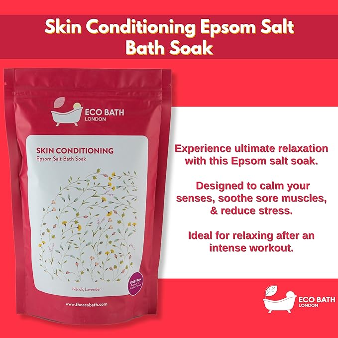 Eco Bath London Skin Conditioning Epsom Salt Bath Soak - Pouch 2.2 lb (1 kg), Made in UK, Natural Magnesium Bath Salt with Neroli and Lavender for Soft Glowing Skin, Spa Gift for Relaxation