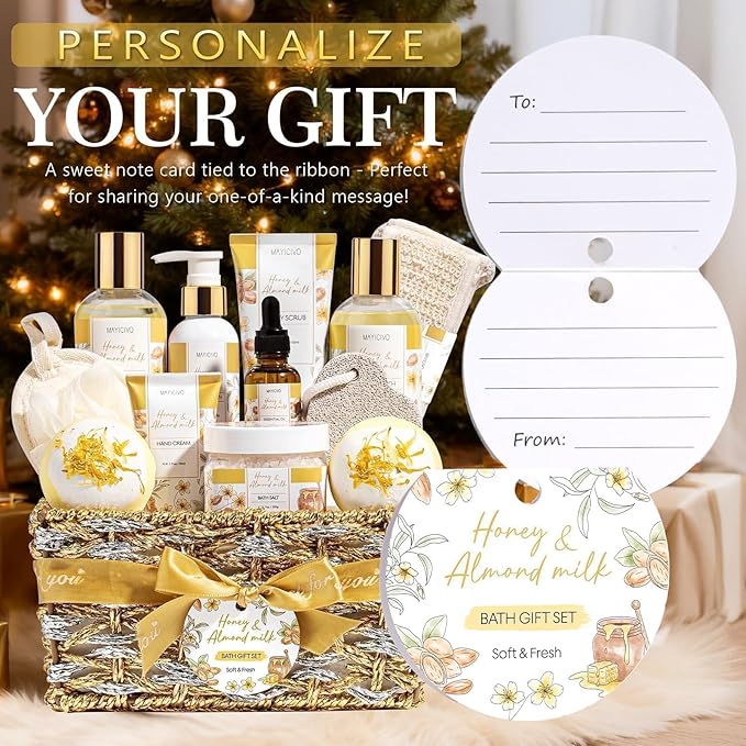 Mothers Day Birthday Gifts for Women, Honey & Almond Milk Relaxing Spa Gift Baskets for Women Self Care Package Bath Gift Set, Home Bath and Body Kit Pamper Gifts for Womens Her Mom Friends Sister