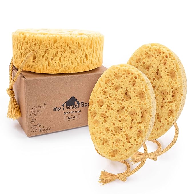 myHomeBody Bath Sponge, Foam Loofah, Body Scrubber for Bathing, Exfoliating Shower Pouf for Shower - Large Size, Lots of Lather, Oval, 3 Pack