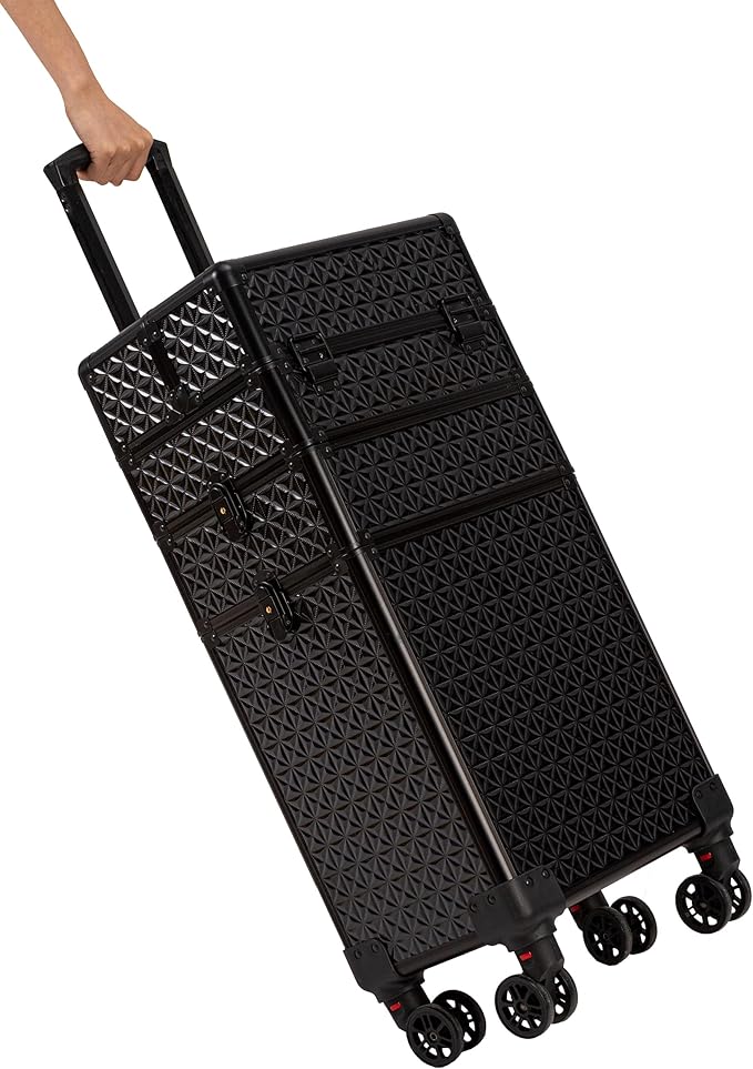3 in 1 Rolling Makeup Train Case Professional Large Cosmetic Trolley Cosmetology Case on Wheels Traveling Cart Trunk for Hairstylist Artist Nail Beauty Salon Barber, Black