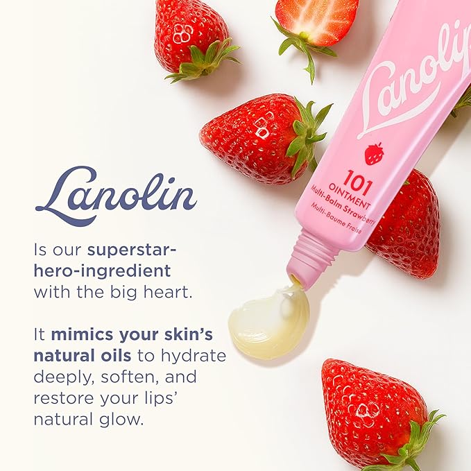 Lanolin 101 Multipurpose Ointment - Lanolin Lip Balm & Healing Ointment for Skin Barrier Repair - Moisturizer for Dry Lips, Cuticles & Elbows - No Petroleum Formula - Strawberry (0.35 oz)