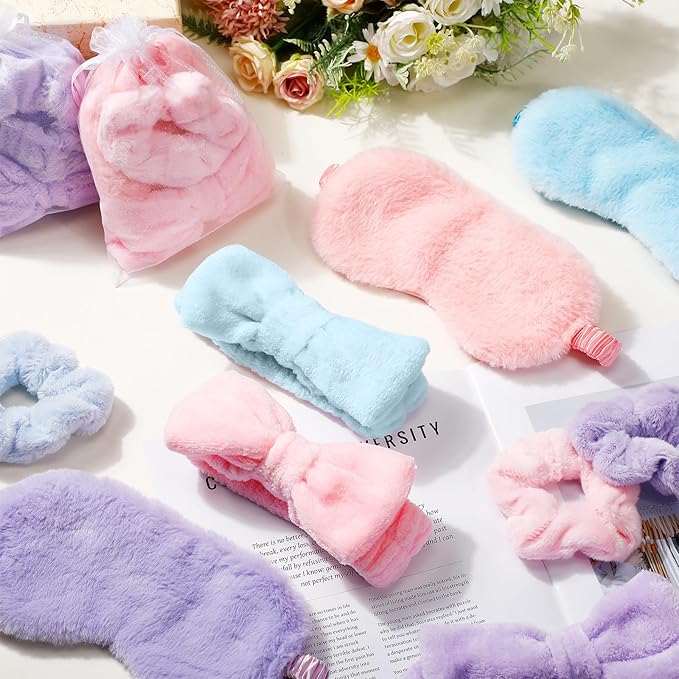 Mimorou 48 Pieces Spa Party Supplies Gift for Mother's Day 12 Spa Headband 12 Plush Sleep Eye Mask 12 Velvet Scrunchies 12 Organza Bags for Sleepover Slumber Party Graduation Gift(Pink,Blue,Purple)