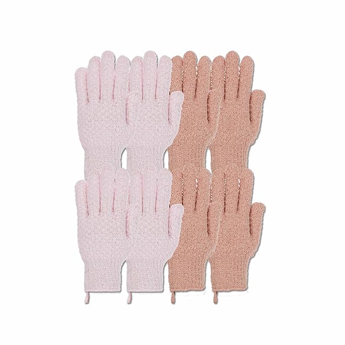 4 Pairs Exfoliating Gloves, 100% Nylon, Dual Texture Body Scrub for Spa, Massage & Dead Skin Removal, Multi-Color Shower Bath Accessories (Blush/Rose Gold)
