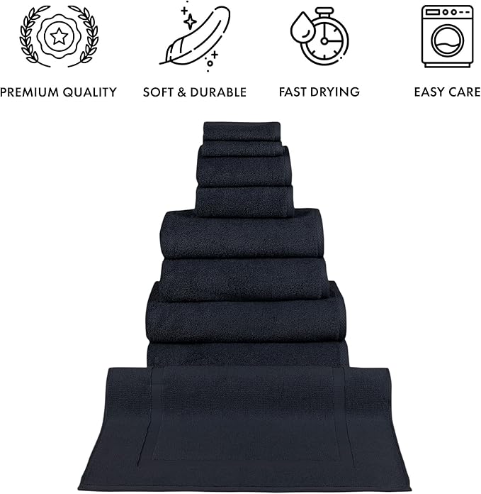 Classic Turkish Towels CTT - 9 Piece Premium Towel Set, 100% Turkish Cotton, Highly Absorbent & Comfy, Includes 2 Bath Towels, 2 Hand Towels, 2 Washcloths, 2 Bath Sheets & 1 Bath Mat | (Black)