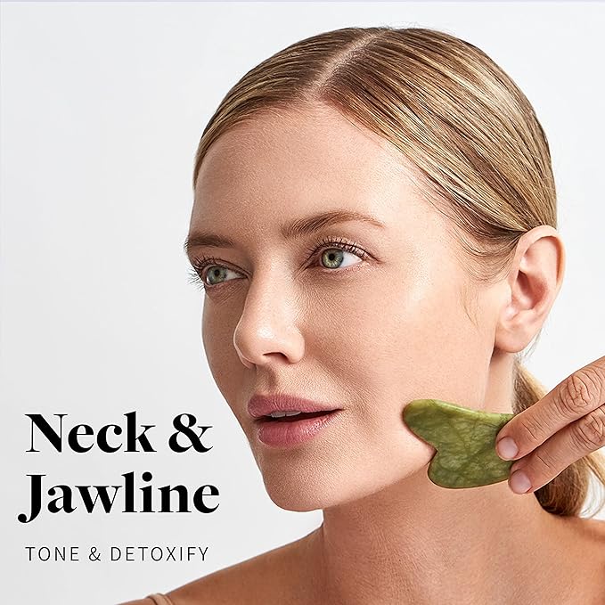Jade Roller and Gua Sha - Spa Grade Face Roller Massager and Gua Sha Massage Tool Set. 100% Authentic Jade Stone. Reduces Puffiness, Wrinkles and Reveals Your Natural Glow