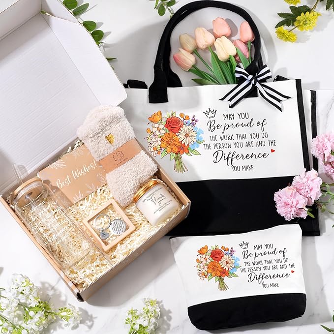 iAOVUEBY Thank You Gifts for Women, Employee Appreciation Gifts Baskets for Women, Coworkers Teacher Nurse Secretary Mentor Retirement Thank You Gift Ideas, Canvas Tote Bag Tumbler Gratitude Gift Box