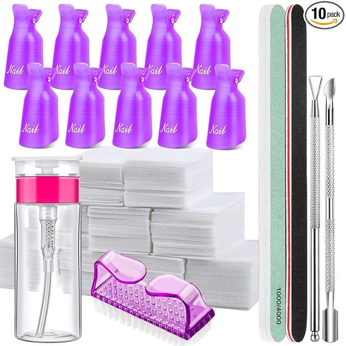 FANDAMEI Nail Polish Gel Remover Tools Kit, 10 Pcs Purple Nail Clips, 100ml Nail Polish Remover Bottle, 500 Pcs Remover Cotton Pad, Nail Brush, Cuticle Pusher, Cuticle Peeler, Nail File, Buffer Block