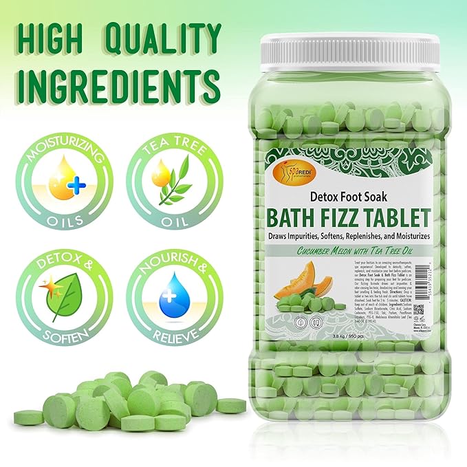 SPA REDI - Detox Foot Soak Fizz Tablets for Pedicure, Cucumber and Melon, 950 Count - Foot Bath with Tea Tree Oil, Aromatherapeutic, Draws Impurities, Softens, Replenishes and Moisturizes