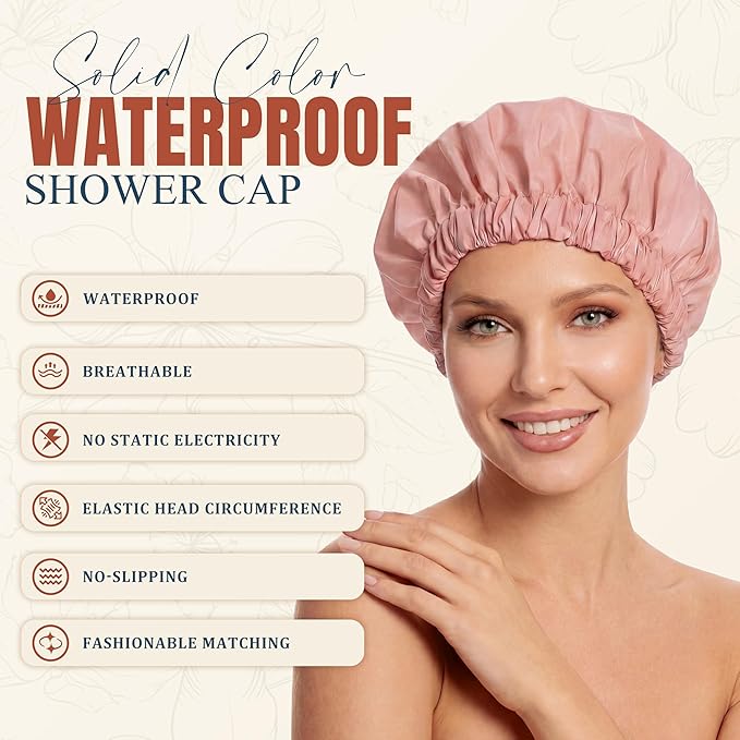Reusable Shower Cap for Women, Large Waterproof Shower Bonnet with Elastic Band, Washable Bath Hair Cap for Long, Curly Hair, Braids, Daily Shower, Home Spa, Travel(Blush Pink)