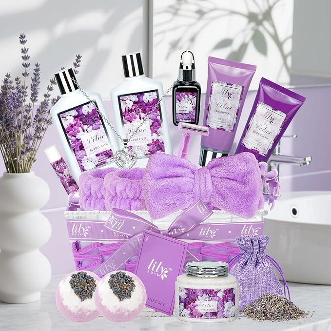 Mothers Day Gifts for Mom, Gifts for Women, Spa Gift Basket for Women, 17-Piece Lavender Lilac Bath and Body Gift Set, Pampering Bath Set | Spa Kit, Gift for Valentines Day, Birthday, Christmas