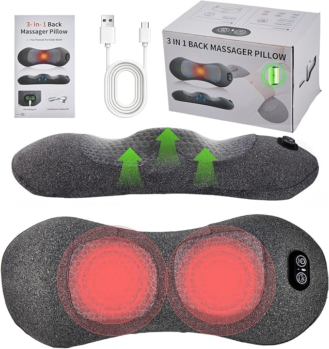 3-in-1 Rechargeable Smooth Triple Fusion Back Massager with Heat, Vibration, Traction, Electric Lumbar Support Pillow for Sleeping, Office, Car, Home
