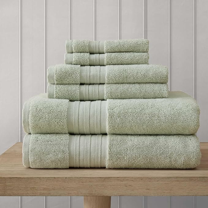 Martha Stewart - Bath Towels, Soft & Absorbent 100% Cotton Towels, Plush 700 GSM, 6-Piece Bathroom Towel Set with Textured Dobby Weave (Skyland Manor Green)
