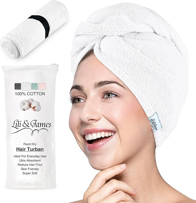 100% Cotton Hair Towel Wrap for Women/Kids | Quick Dry, Soft & Absorbent 420-GSM Hair Wrap Towels with Double Button | Anti Frizz, Non Microfiber Luxury Hair Turbans for Curly, Long Hair (White)