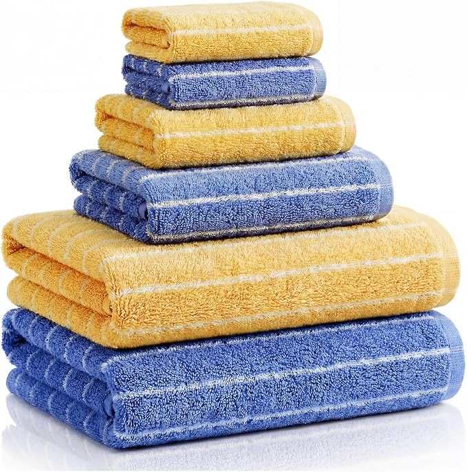 6 Pcs Large Bath Towels Set 28x55 Inch Soft Cotton Towels for Bathroom Striped Towel Set Highly Absorbent & Quick Dry Towel for Spa Gym 2 Bath, 2 Hand, 2 Washcloth (Blue, Yellow)