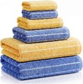 6 Pcs Large Bath Towels Set 28x55 Inch Soft Cotton Towels for Bathroom Striped Towel Set Highly Absorbent & Quick Dry Towel for Spa Gym 2 Bath, 2 Hand, 2 Washcloth (Blue, Yellow)