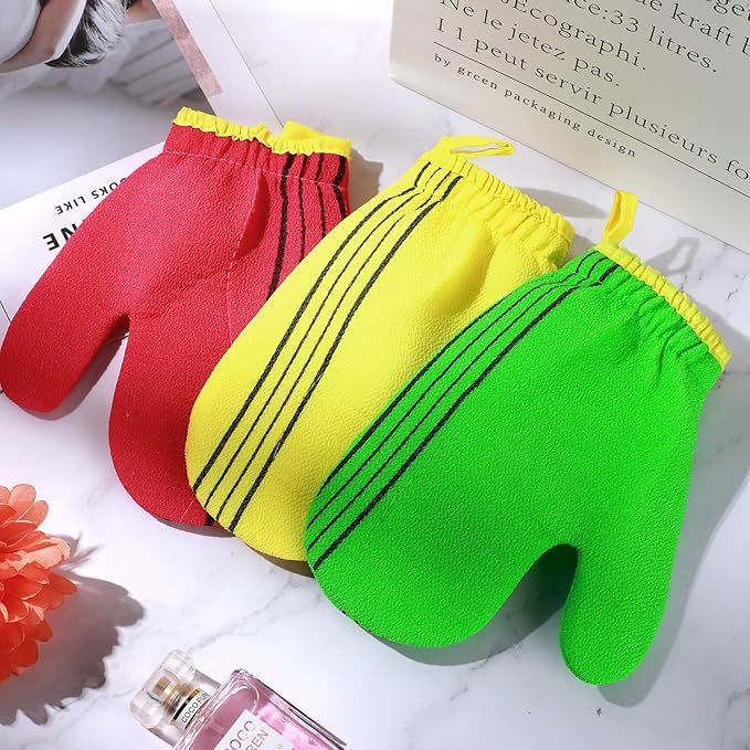 3 Pieces Korean Exfoliating Mitt Exfoliating Washcloth Korean Body Scrub Mitt Italy Face Shower Cloth Asian Bath Massage Mitts for Women and Men Wash Skin Deep Cleaning, Red, Green, Yellow