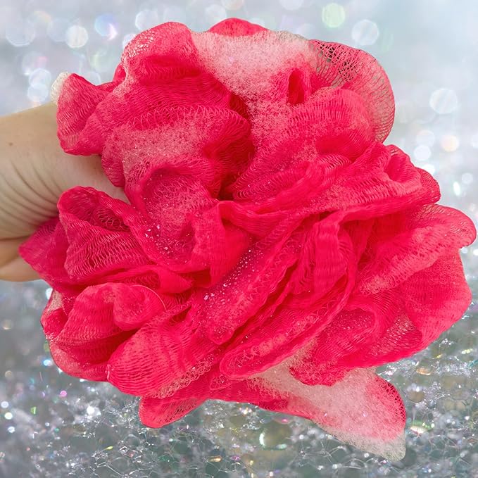 Pink Bath Sponge Pack of 3 – Large Exfoliation Loofahs with Suction Cup for Easy Drying, 70G Mesh Poufs for All Skin Types, Lather for Daily Use