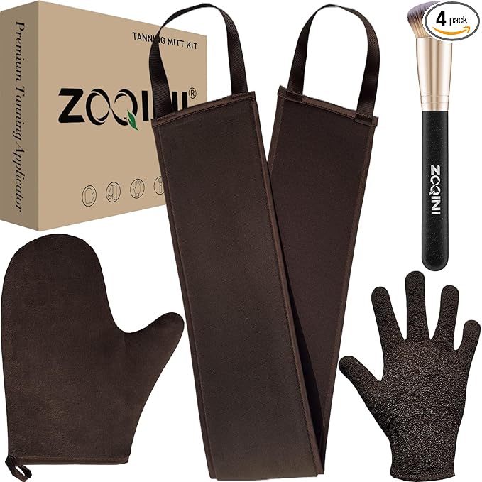 Self Tanning Mitt Kit, Velvety Soft Tanner Mitt and Back Tanning Applicator, Exfoliating Glove, Angled Face Tanner Brush for Sunless Tanning Oil Lotion Mousse Gel (4 Pack Bronze, Boxed)