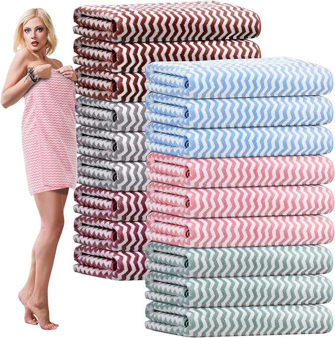 SmoothNovelty 18 Pack Microfiber Bath Towels Bulk 27'' x 60'' Oversized Size Bath Towel Highly Absorbent Extra Large Soft Drying for Beach Shower Summer Salon Sport Gym Party (Wave,Pastel)