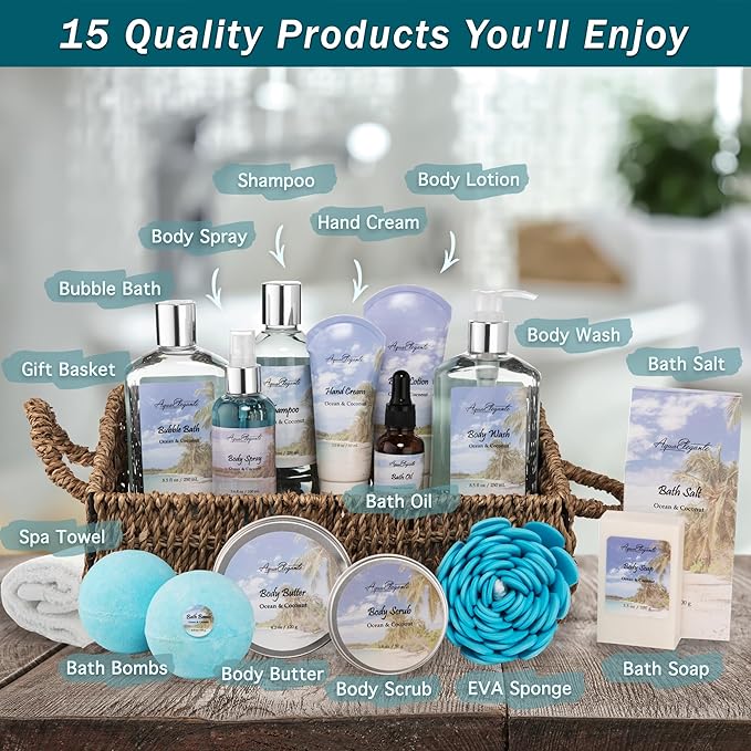 Aqua Elegante Bath Spa Gift Set - 15 Piece Premium Basket with Wash, Bubble Bath, Lotion, Salts, Body Scrub, Towel, Shower Puff, Bathbombs, Reusable Basket, Gifts for Women - Ocean & Coconut