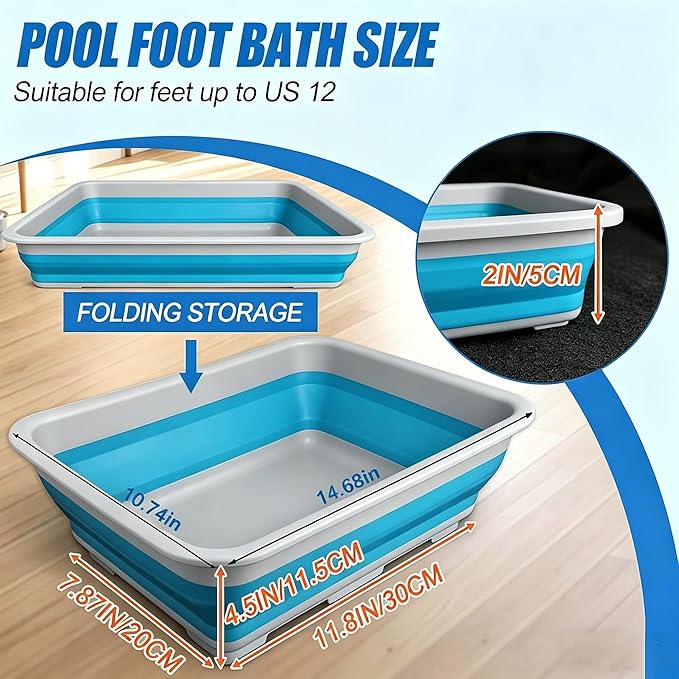 Pool Foot Bath Tray for Swimming Pool, Non- Slip Collapsible Foot Bath for Pool, Portable Foot Tub for Pool for Above Ground Pool Accessories, Rinse Feet Keep Clean (Blue + White)