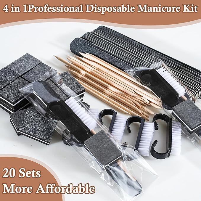 20 Sets Disposable Manicure Kit Basics 4 Piece Nail Kit for Travel,Handle Grip Brush,Mini Nail Buffer Nail File and Wood Stick for Gifts Salon Home Professional(20 Set-Black)