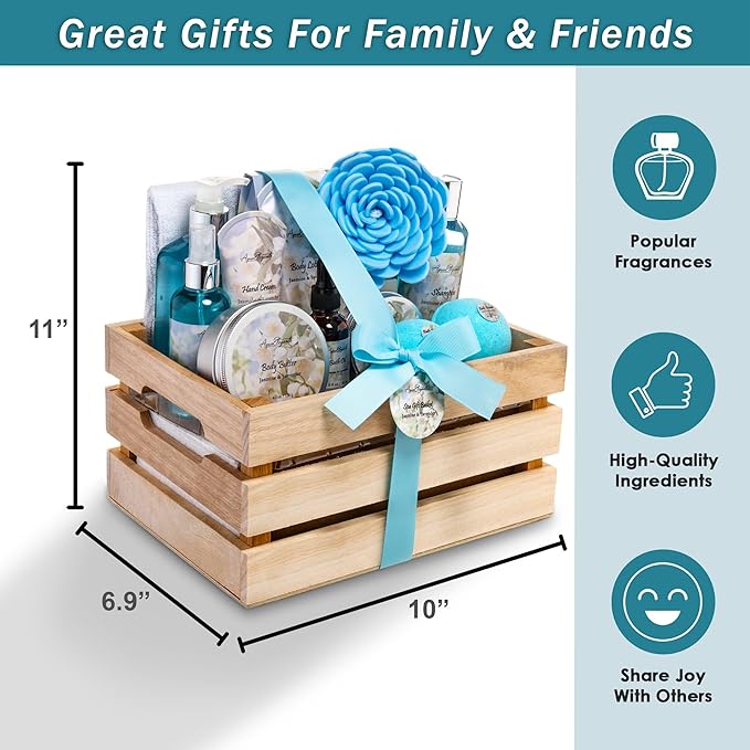 Aqua Elegante Full Spa Gift Set - 15 Piece Premium Bath Basket with Wash, Bubbles, Lotion, Salts, Body Scrub, Towel, Shower Puff, Bathbombs, Reusable Basket, Gifts for Women - Jasmine & Lavender