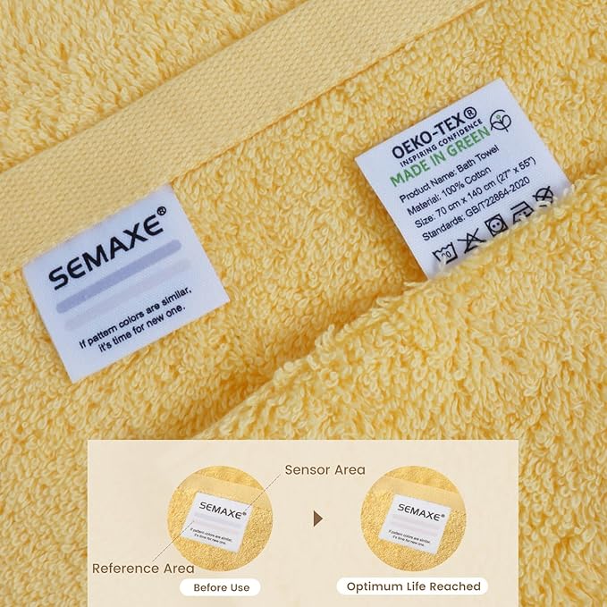 SEMAXE Yellow Bath Towel, 100% Cotton Bath Towel with Hanging Loop, 55 x 27 Inch, Soft Absorbent & Quick Dry, for Bathroom & Travel