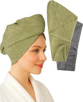 Textila 100% Cotton Hair Wrap Towels for Women (Pack of 2, Grey & Green) – Soft & Absorbent Turban Towels for Long, Curly, Frizz-Prone Hair
