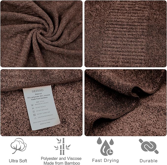 SEISSO Bath Towels, Extra Absorbent & Quick Drying Lightweight Fiber Towels, Premium Big Soft Bath Towel for Fitness, Spa, Sports Towels, Yoga Towel, Brown(4 Pack)