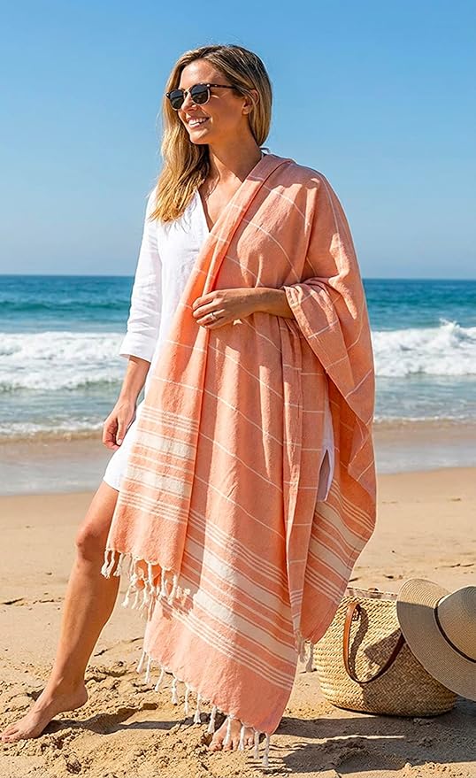 Bazaar Anatolia Turkish Beach Towel – 100% Cotton, Quick Dry, Sand Free Towel for Bathroom, Camping, Travel – Oversized 71x39 Inches – Stripe Orange