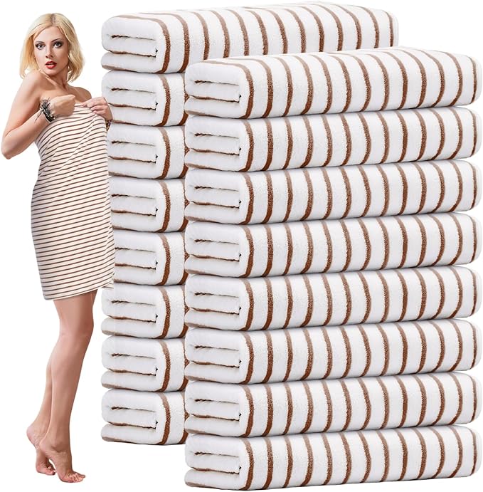 SmoothNovelty 16 Pack Microfiber Bath Towels Bulk 27'' x 60'' Oversized Size Bath Towel Highly Absorbent Extra Large Soft Drying for Beach Shower Summer Salon Sport Gym Party (Stripes,Khaki)