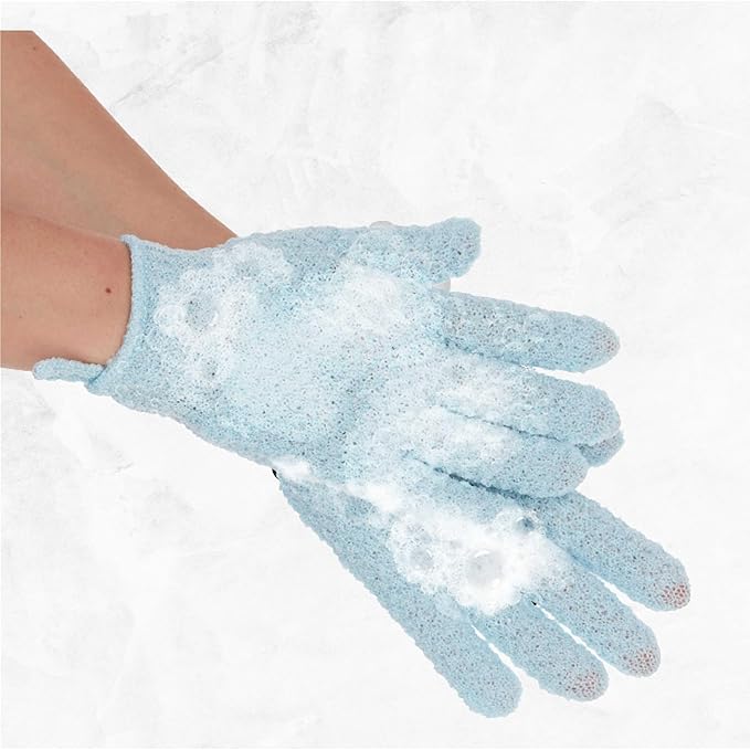 4 Pairs Exfoliating Gloves, 100% Nylon, Dual Texture Body Scrub for Spa, Massage & Dead Skin Removal, Multi-Color Shower Bath Accessories (Light Blue/Periwinkle)