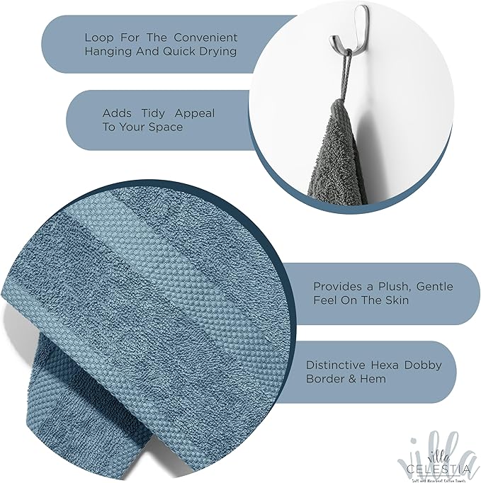 100% Cotton Wash Cloth for face & Body Set of 12, (12 x 12 inches) Sustainable, Soft, Highly Absorbent, Combed Cotton Wash Cloths Pack of 12 for Hotels, Spa, Bathroom, Dorm, Blue