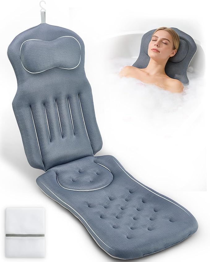 Full Body Bath Pillow for Bathtub, 5D Thick Tub Pillow for Bathtub with 192 Non-Slip Suction Cups, Laundry Bag & Hook, Bathtub Pillow for Head, Neck & Back Support (Misty Blue, 51"*15")
