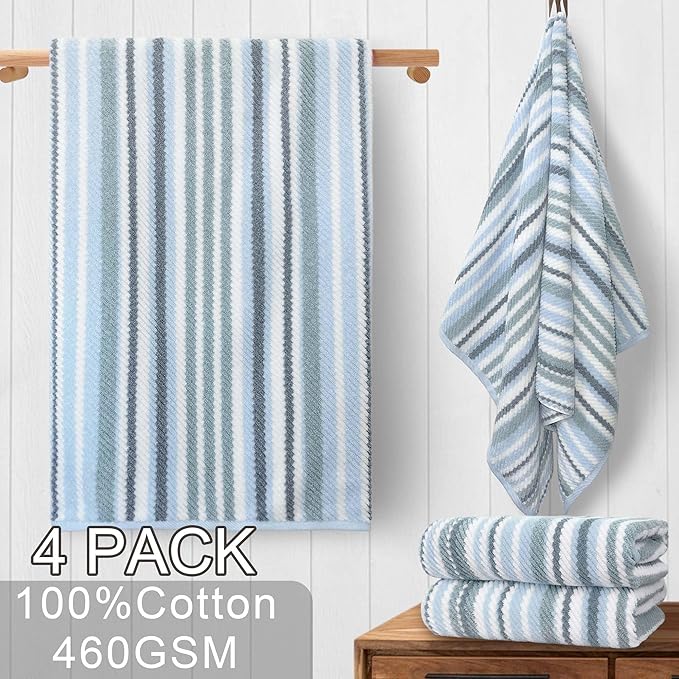 Blue Striped Bath Towels Set of 4, 28"x52", 100% Cotton, Lightweight, Super Soft & Highly Absorbent, Quick Dry Shower Towels with Hanging Loop for Bathroom & Guest Room,Gray & Blue Striped