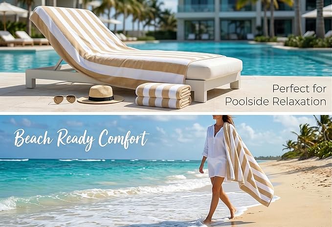 Premium Velour Cabana Beach Towel 4 Pack, 30” x 60” Soft Plush Cotton Pool Towel, Absorbent Quick Dry Towel for Beach and Pool (White Beige)
