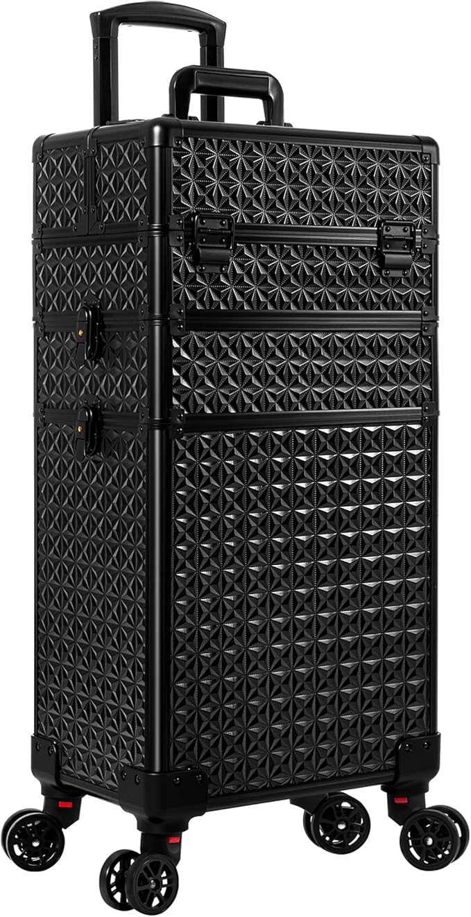 3 in 1 Rolling Makeup Train Case Professional Large Cosmetic Trolley Cosmetology Case on Wheels Traveling Cart Trunk for Hairstylist Artist Nail Beauty Salon Barber, Black