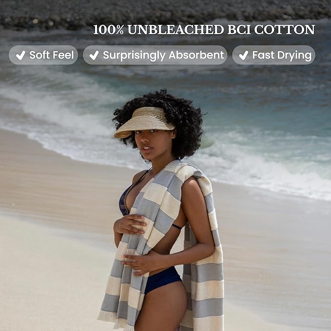 Lightweight Turkish Beach Towel - 100% BCI Cotton, Unbleached Raw Fringe, Oeko-TEX Certified, Absorbent, Eco-Friendly, 36x66”, Gray & Natural Stripes, Portable Sarong Blanket for Pool, Travel