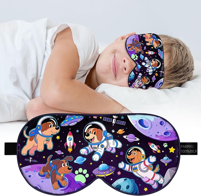 Silk Kids Sleep Mask: 100% Mulberry Silk Eye Mask, Sleeping Masks with Adjustable Strap, Soft & Light-Blocking Printed Kid Eye Cover for Boys Girls Teens Aged 5-15 (Space Dog Theme)