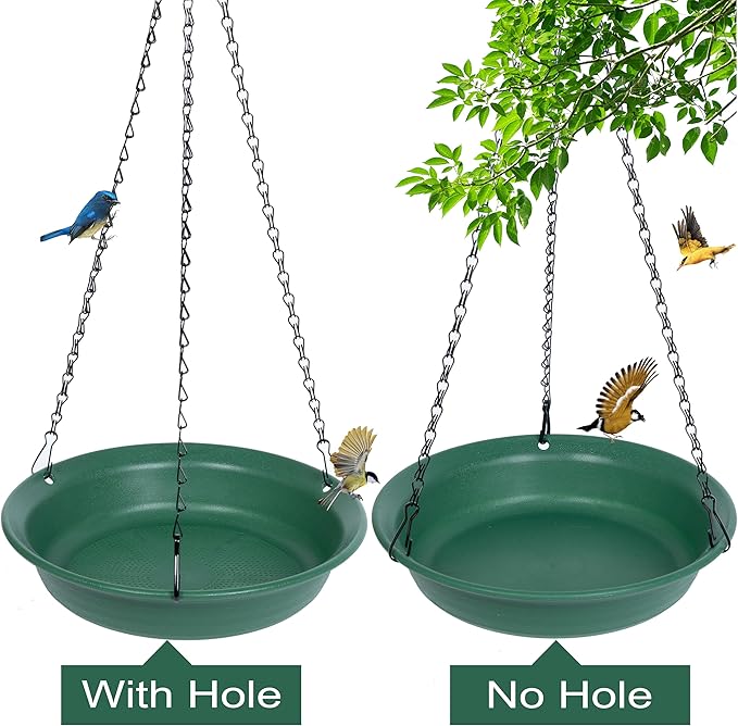 VUWEZ Hanging Bird Feeder & Bath for Outdoors, Wild Bird Feeders Tray, Hanging Birdfeeder Birdbath for Outside, Cardinal, Blue Jay, Crow, Birdfeeders Trays (10", 1 Pcs with Hole & 1 Pcs No Hole)