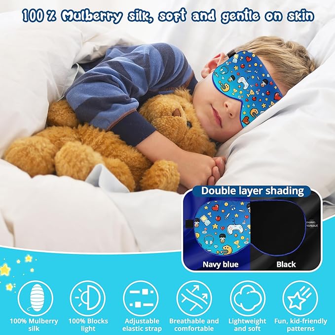 Kids Sleep Mask Eye Cover: 100% Real Natural Pure Silk Eye Mask with Adjustable Strap, Funny Blindfold Kids Eye Mask for Sleeping, Soft & Lightweight Eye Shade for Boys Girls Teens (Games Style)