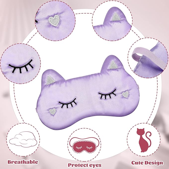 Haysandy 3 Pieces Sleep Mask for Kids Girls Cute Cat Sleeping Eye Cover Soft Mask Comfortable Funny Animal Night Eye Blindfold Cover for Kids Girls Women Home Travel(Silk Cat)