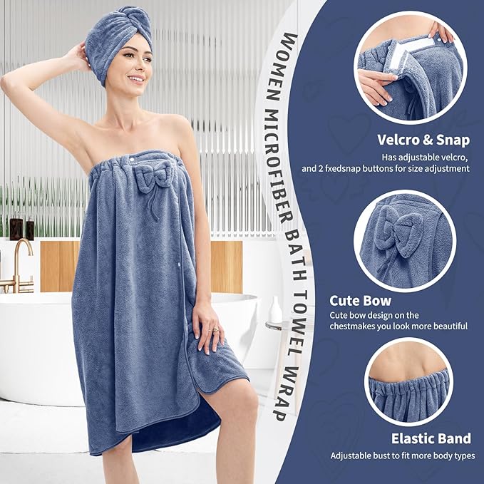 Bath Wrap Towels for Women – Adjustable Spa Shower Wrap with Super Absorbent Microfiber, Quick-Dry Body & Hair Towel Set for Home, Hotel, Beach, Pool, Gym, Travel – Blue