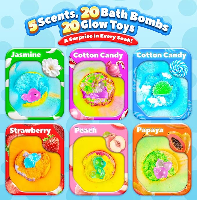 Bath Bombs for Kids with Surprise Inside, 20 Pack Handmade Bath Bomb Gift Set with Glow-in-the-Dark Toys, Fizzy Bath Balls for Fun, Great Christmas Gift or 2025 Advent Calendar for Boys & Girls